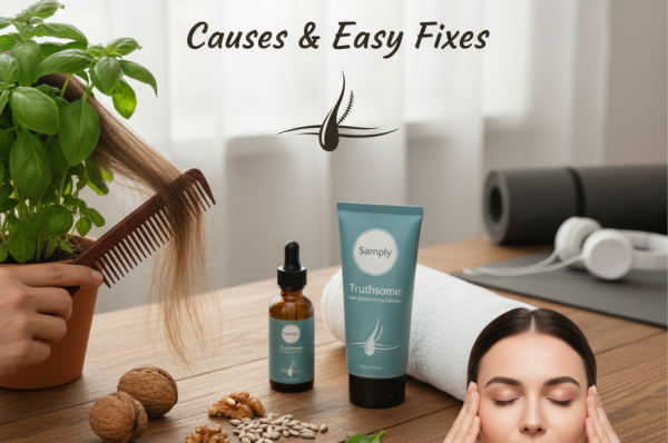 A woman with closed eyes massages her temples next to a wooden table with hair care products, including Samply's Hair Strengthening Serum and a tube of conditioner. Scattered on the table are walnuts, spinach leaves, and seeds, representing key nutrients for hair health. In the background, a hand combs hair from a basil plant, symbolizing natural growth and care. A yoga mat and headphones are visible in the soft-focus background, suggesting stress reduction. The image text reads "Battling Hair Thinning: Causes & Easy Fixes.